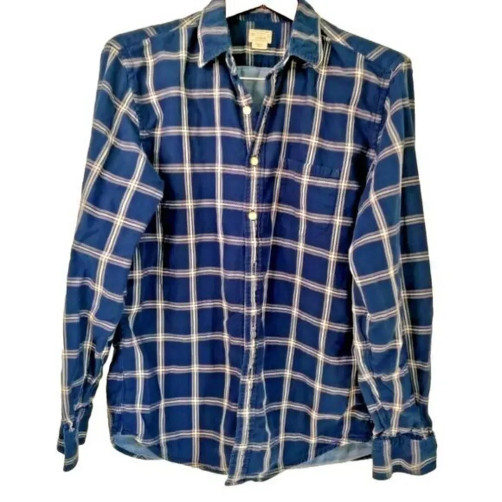 J. Crew Men L Button Blue/White Plaid Long Sleeves Flannel Work Chore Barn Shirt
